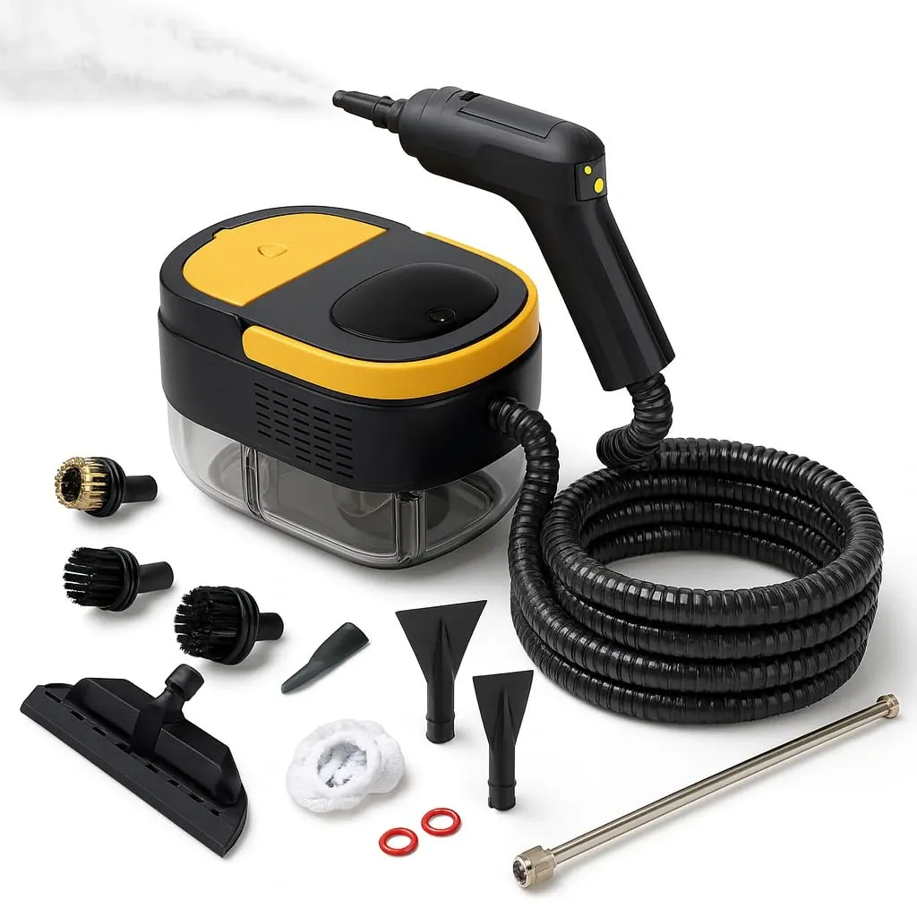 Yellow and black handheld steam cleaner with various attachments including nylon brushes, brass brush, floor tool, and extension wand, shown emitting a plume of steam.