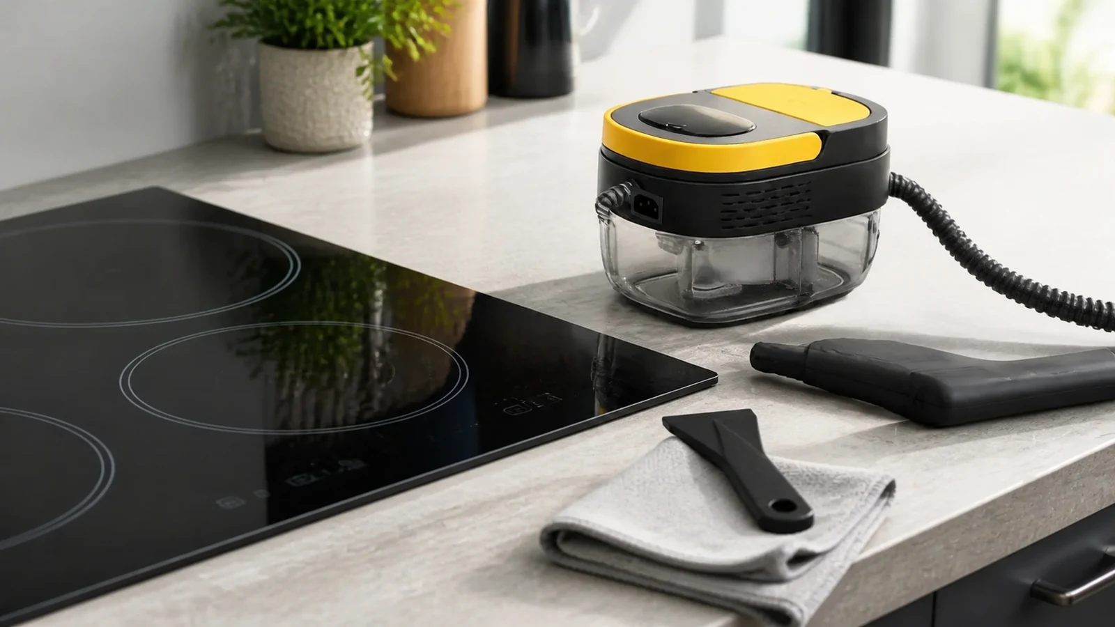 Glass induction hob with approved scraper and cloth, steam cleaner kept to the side