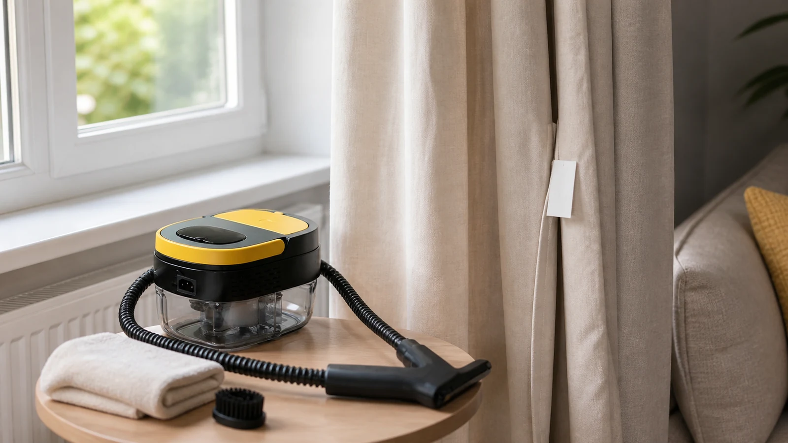 Person using a handheld steam cleaner to refresh hanging curtains in a UK living room