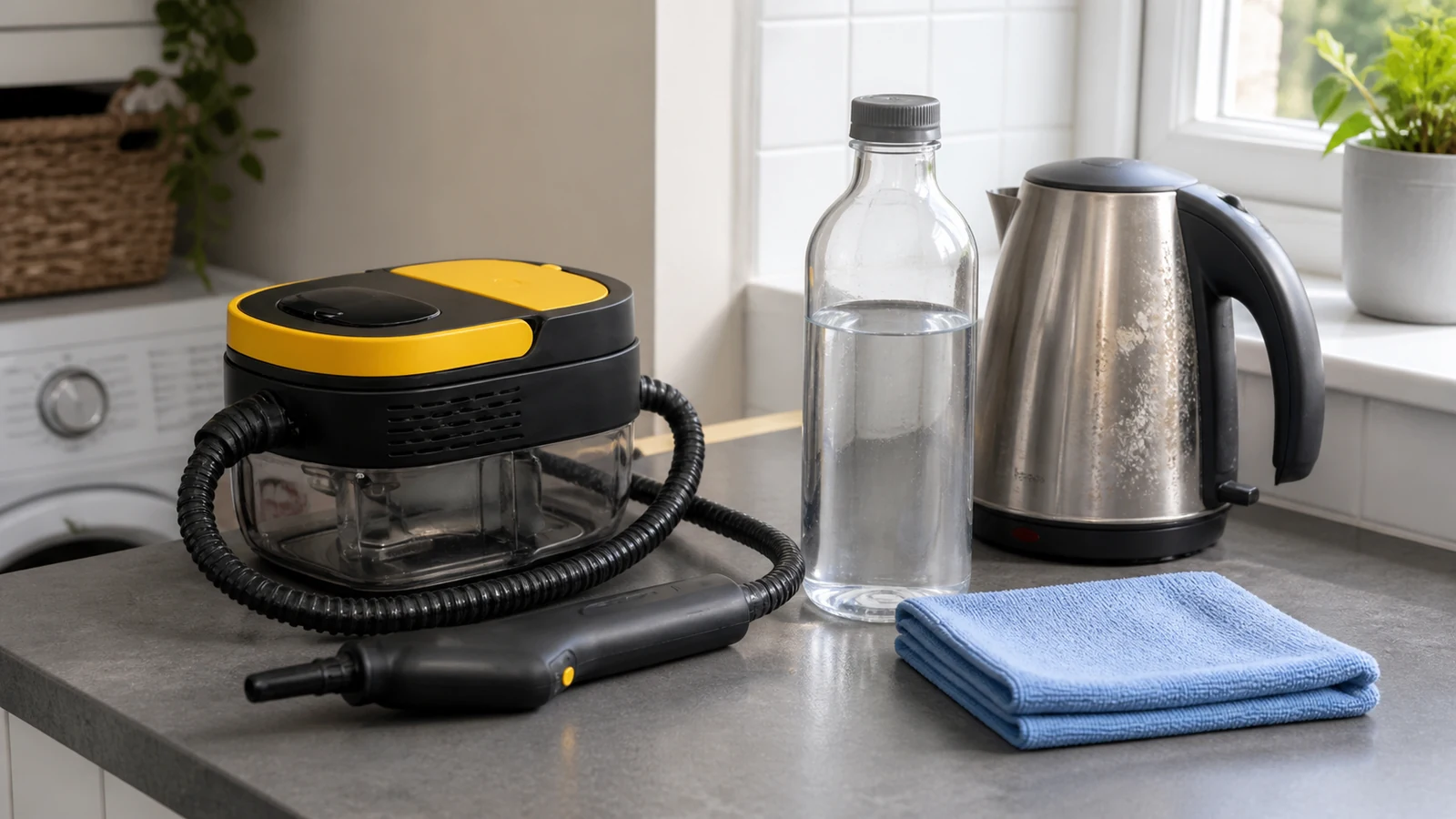 Distilled water bottle beside an open handheld steam cleaner tank on a UK kitchen counter