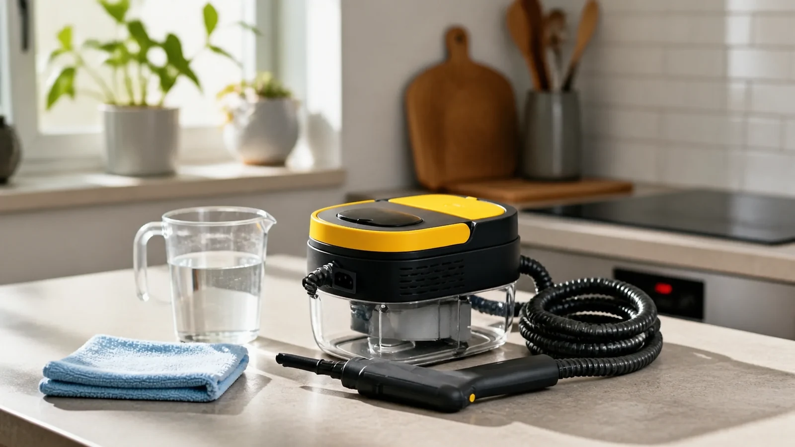 Handheld steam cleaner next to a water jug and a detergent bottle kept away from the tank