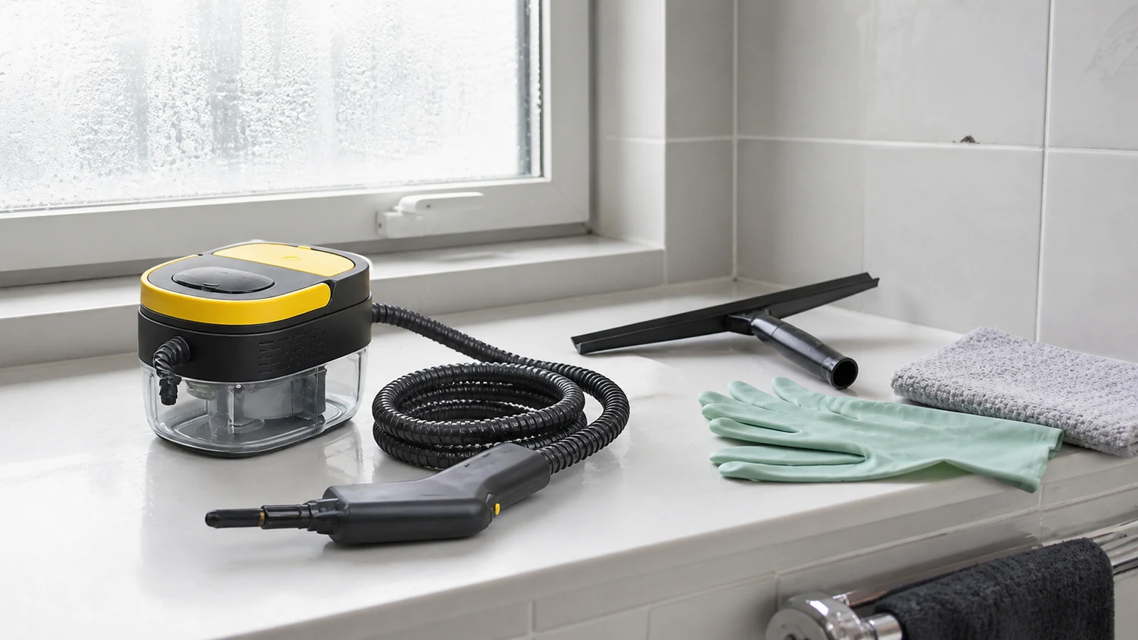 Condensation on a UK bathroom window with ventilation open and steam cleaner set aside
