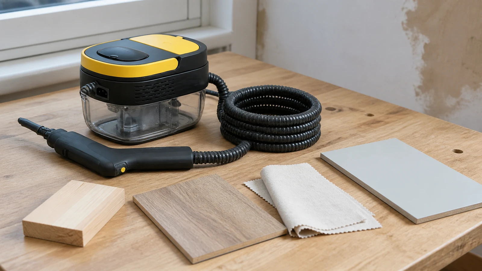 Handheld steam cleaner beside UK home surface samples marked as unsuitable for steam